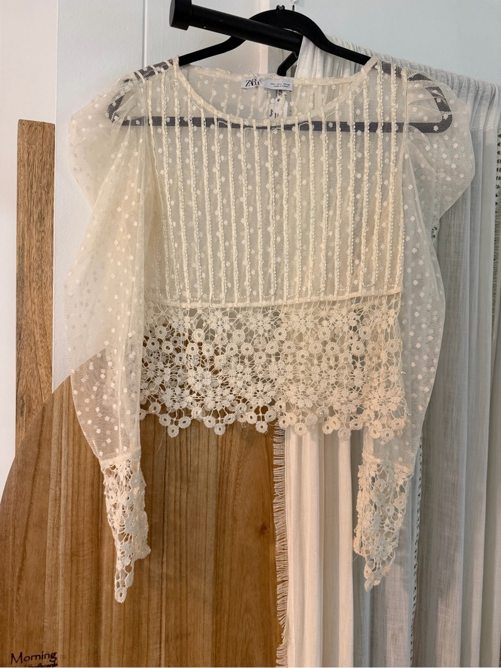 ZARA Ivory Lace & Swiss Dot Sheer Blouse